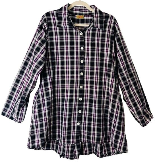 Tulip plaid cotton asymmetrical flounce back black purple white button up tunic - Picture 1 of 11